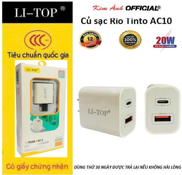 Củ sạc nhanh LI-TOP AC10, PD 20W, đạt chứng nhận 3C tiêu chuẩn quốc gia, hàng chính hãng cho dùng thử 30 ngày