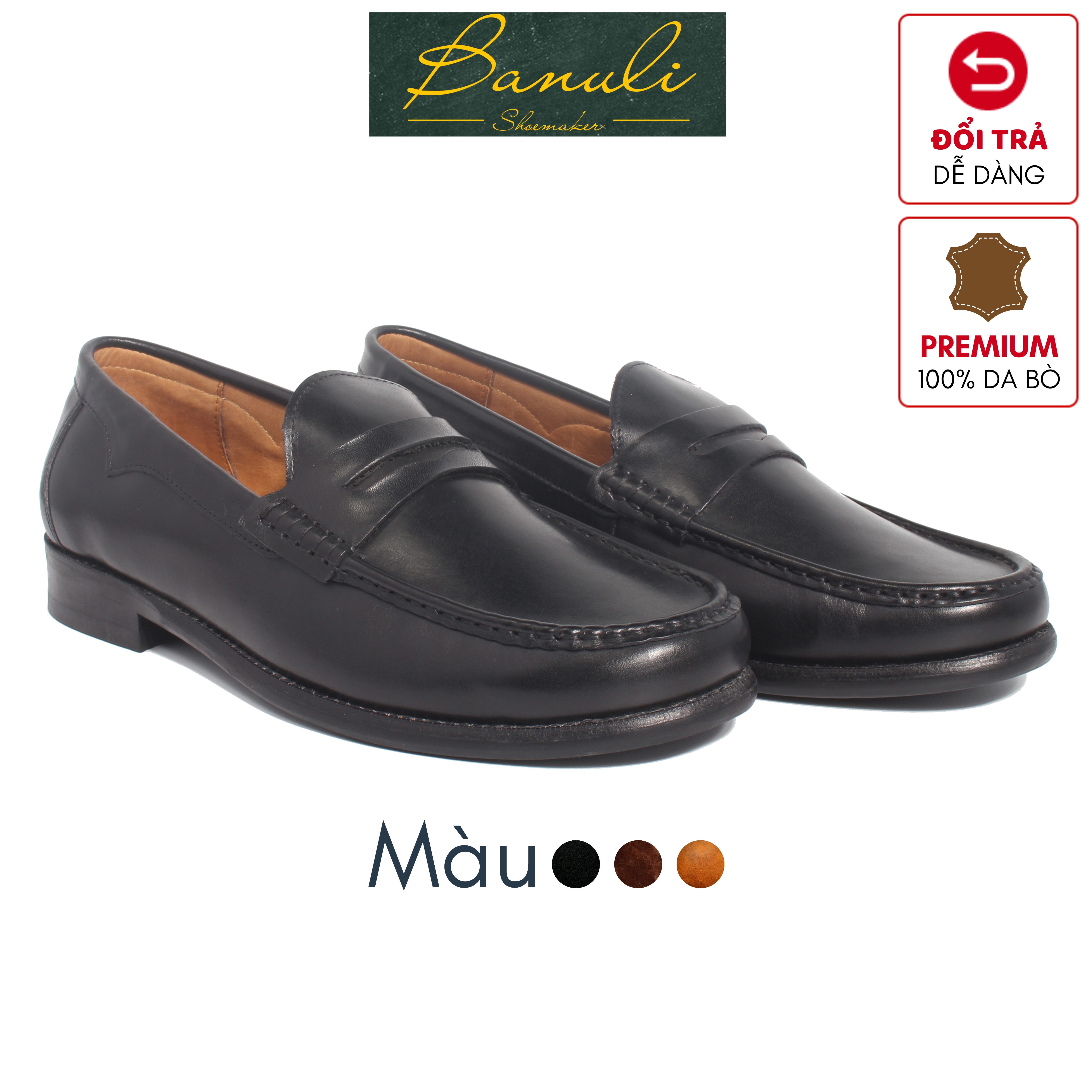 Giày Tây Lười Banuli Nam Công Sở Da Bê Italian HDPL1M0 Penny Loafers (Da Mềm Dẻo, Đế Dainite, Bảo Hành Trọn Đời)