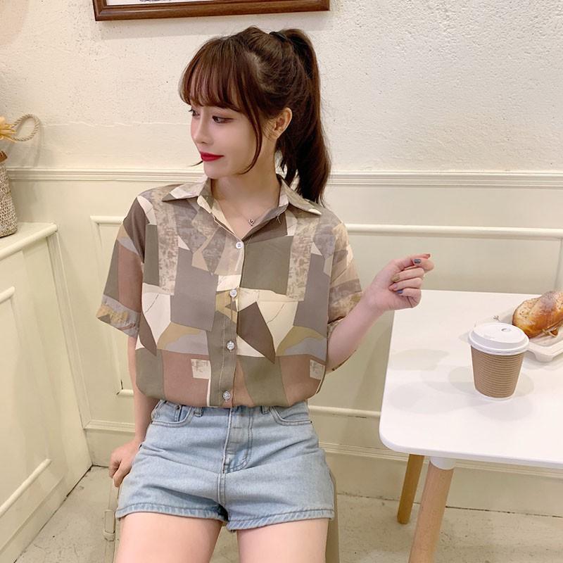 Áo sơ mi tay ngắn in họa tiết phong cách Hàn Quốc cổ điển