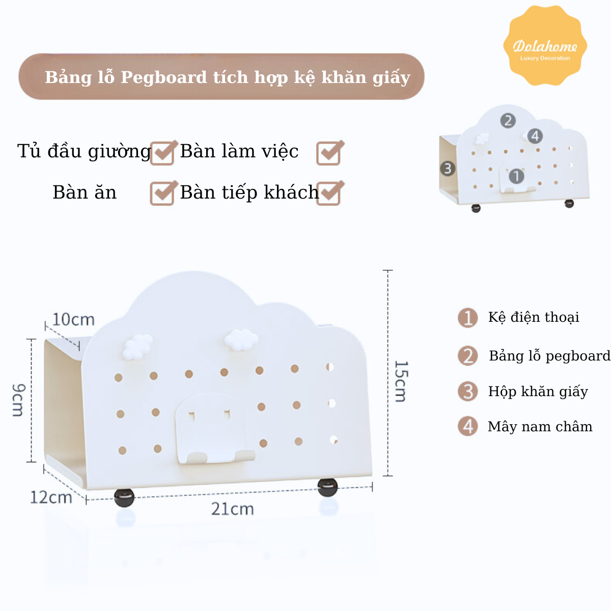 Bảng lỗ Pegboard tích hợp kệ trang điểm, kệ mỹ phẩm Dola Home đặt bàn để được điện thoại, đồ dùng văn phòng phẩm
