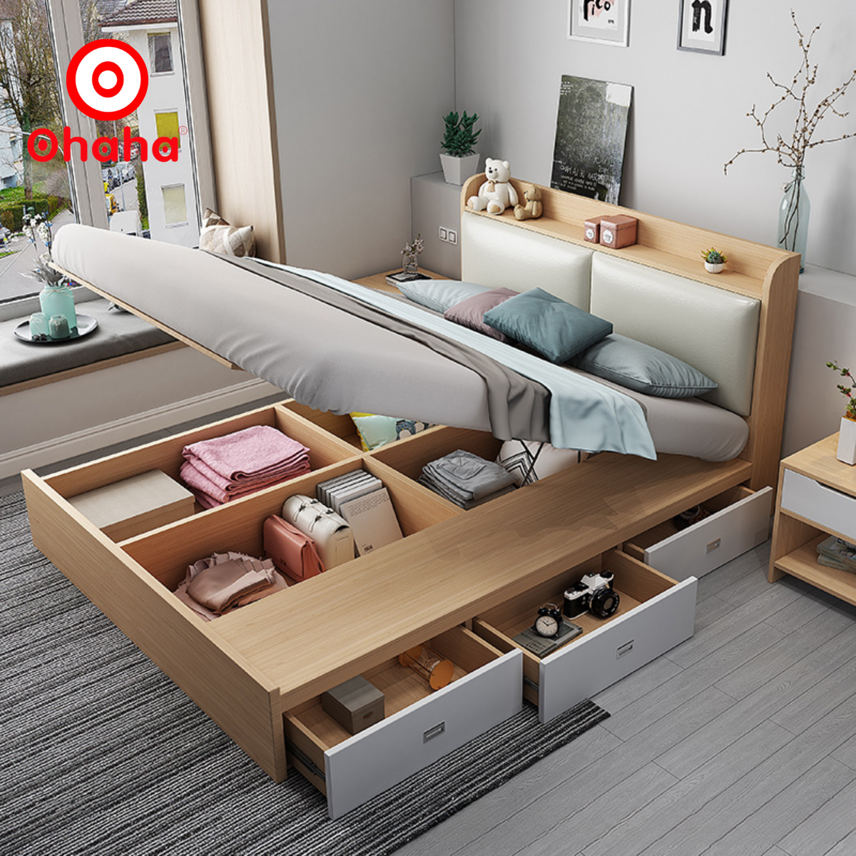[Kèm Video thực tế &amp; Miễn phí vận chuyển, lắp đặt] Giường ngủ gỗ công nghiệp cao cấp bọc nệm Oahaha - GN004