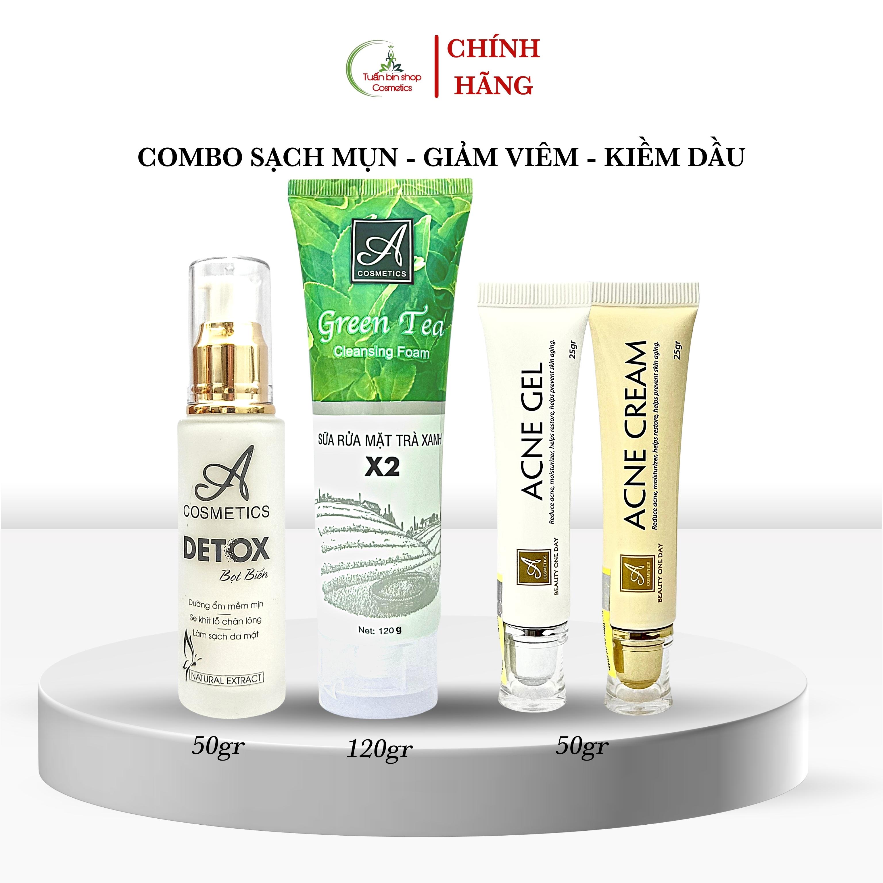 Combo kem giảm mụn, thải độc da, kiềm dầu Acosmetics, kem giảm mụn siêu tốc, detox bọt biển, sữa rửa mặt trà xanh x2 220g