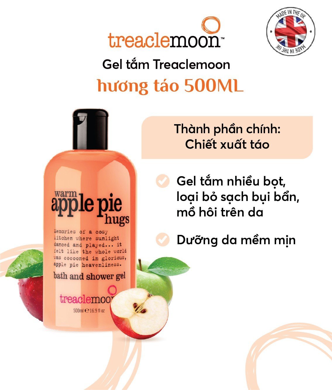 Gel tắm dưỡng sáng da chiết xuất táo Treaclemoon 500ml