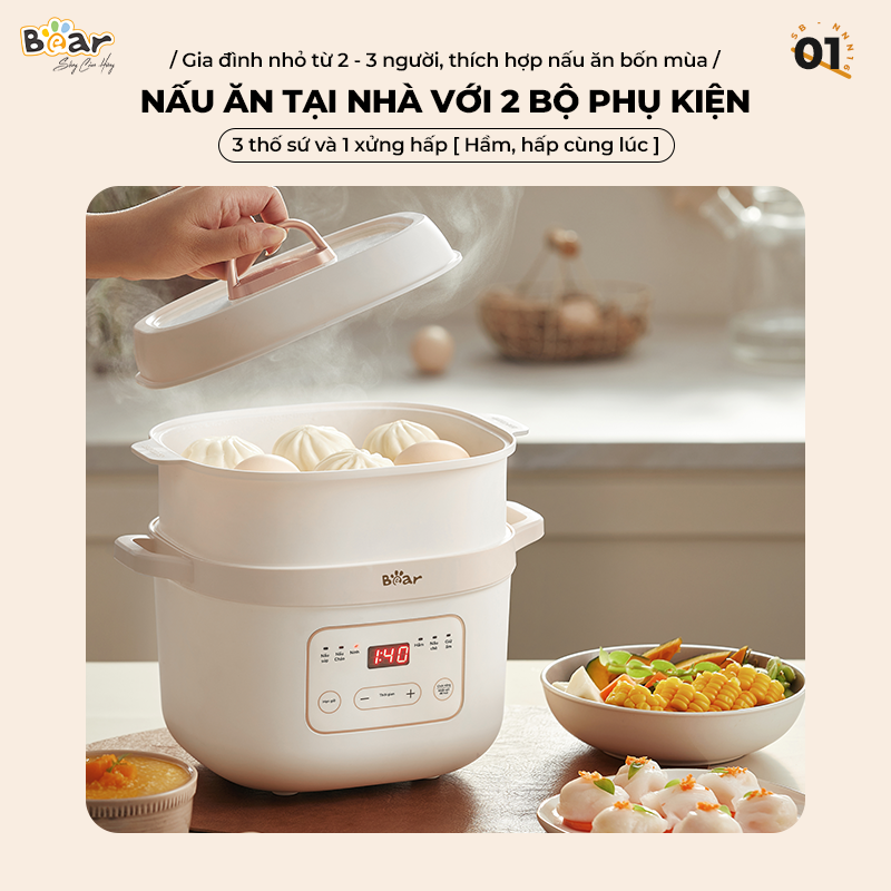 Nồi Nấu Chậm Bear 1,6L Đa Năng 6 Chế Độ Ninh Nấu Hầm Hấp Tiết Kiệm Thời Gian Giữ Trọn Chất Dinh Dưỡng -  SB-NNC16 Hàng chính hãng