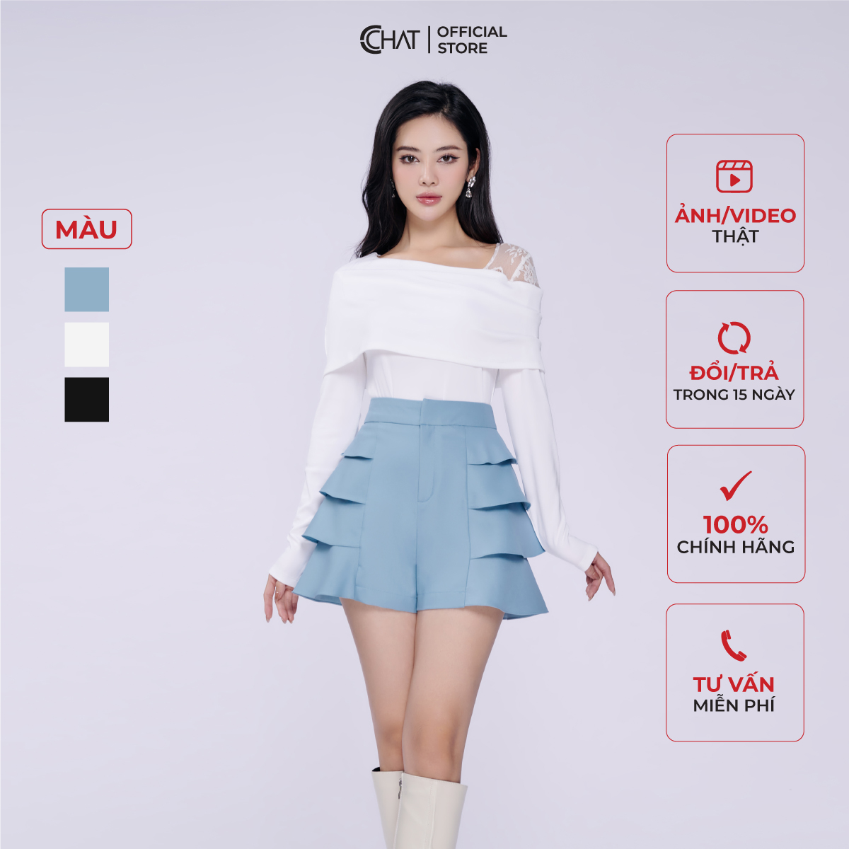 Quần Đùi Nữ CCHAT Phối Bèo Giả Váy Dáng Ngắn Chất Liệu Tuytsi Cao Cấp 13ONS2005AT