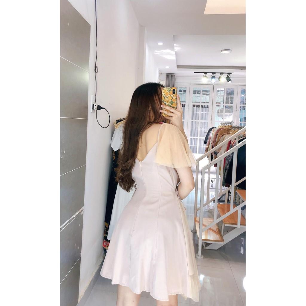 ĐẦM THẮT EO TAY LƯỚI CỔ V