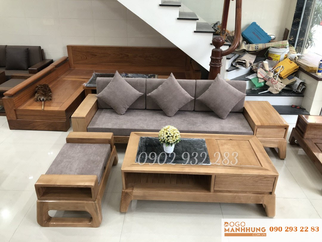 Bộ bàn ghế phòng khách, sofa 3 món gỗ sồi màu tự nhiên