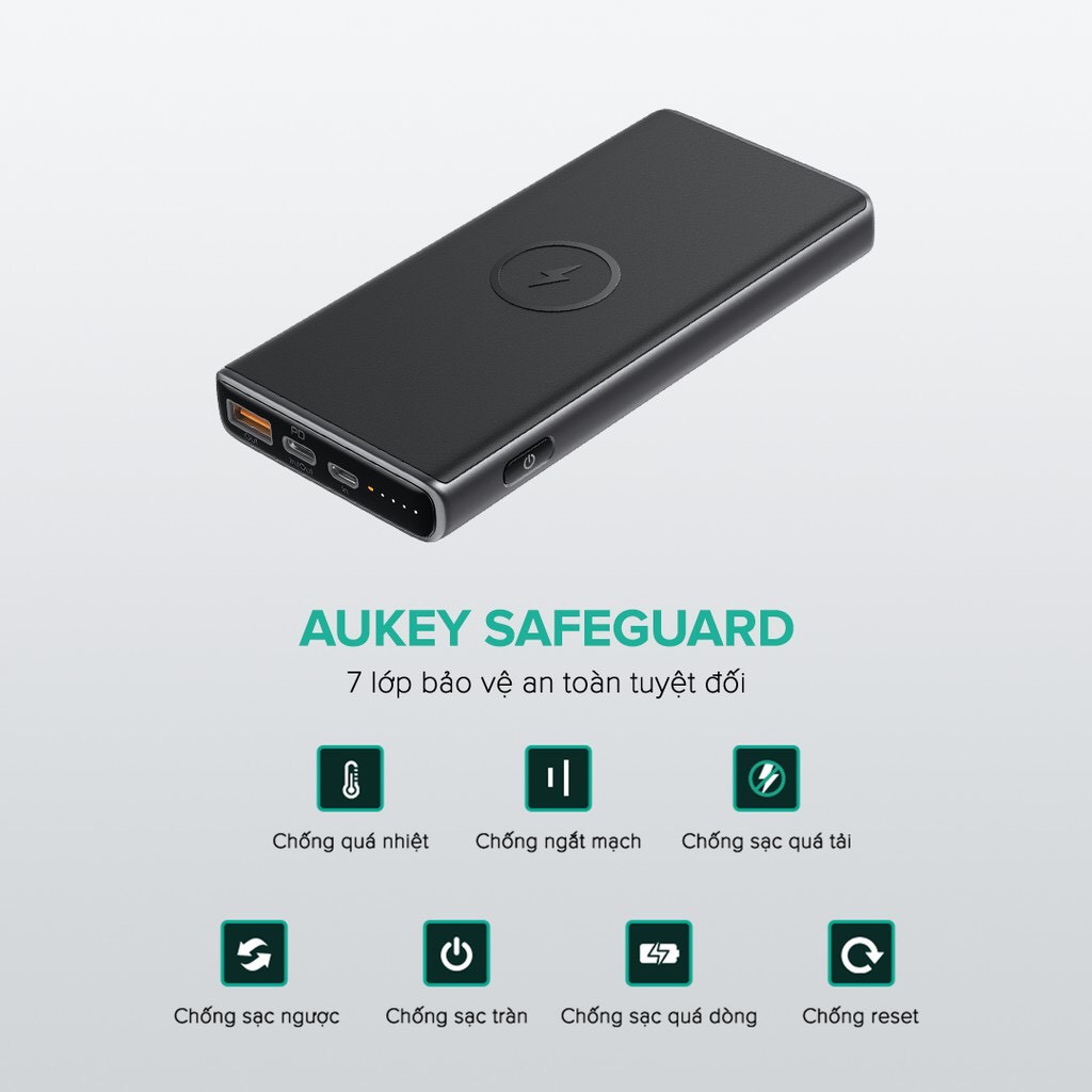 Combo Pin Sạc Dự Phòng AUKEY PB-Y32 PD 10.000 mAh, Sạc Không Dây Chuẩn Qi 10W + Cốc Sạc Nhanh Power Dilivery PA-F1S 20W - Hàng Chính Hãng