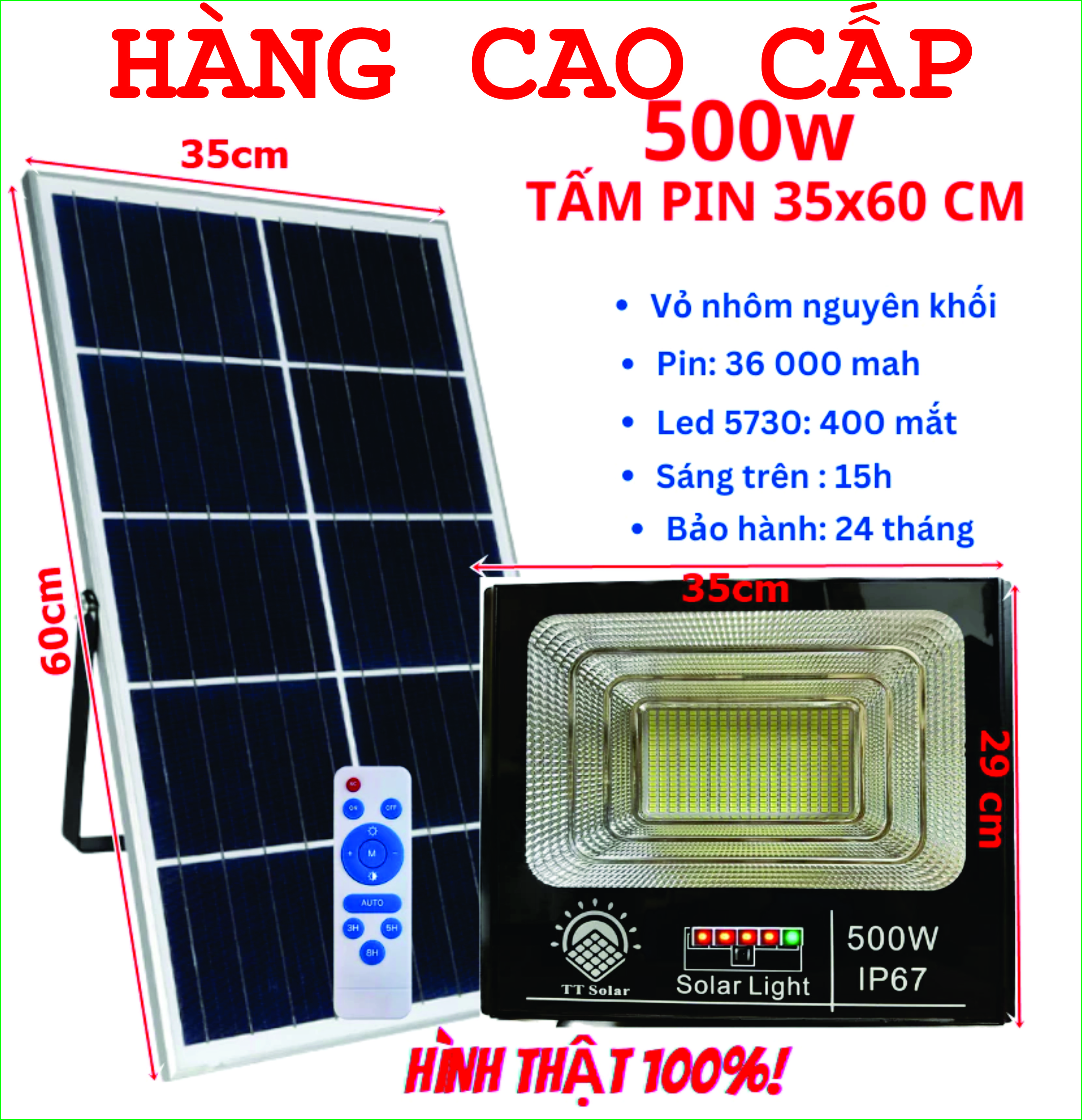 Đèn Pha Năng Lượng Mặt Trời 500w IP67,Vỏ Nhôm Đúc, Sáng Liên Tục, Hàng Chính Hãng