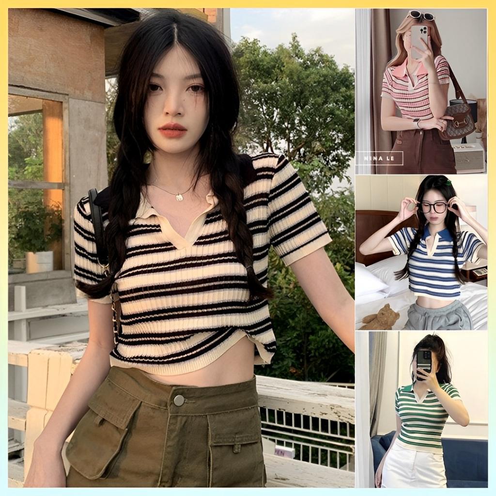 [L2M] Áo len Montoghi dệt kim GÂN DỌC SỌC NGANG cổ đức phối màu hài hòa