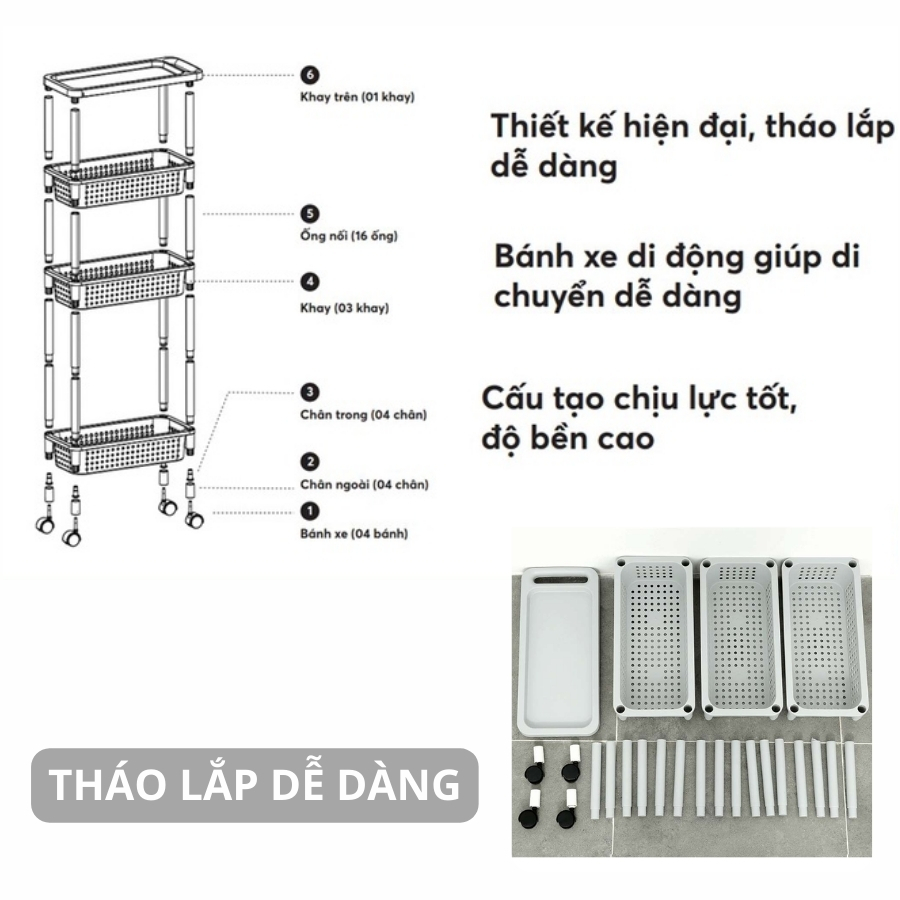 Kệ Di Động Tokyo 4 Tầng Có Bánh Xe Di Chuyển Linh Hoạt -Chính Hãng inochi (Tặng kèm khăn lau đa năng pakasa)