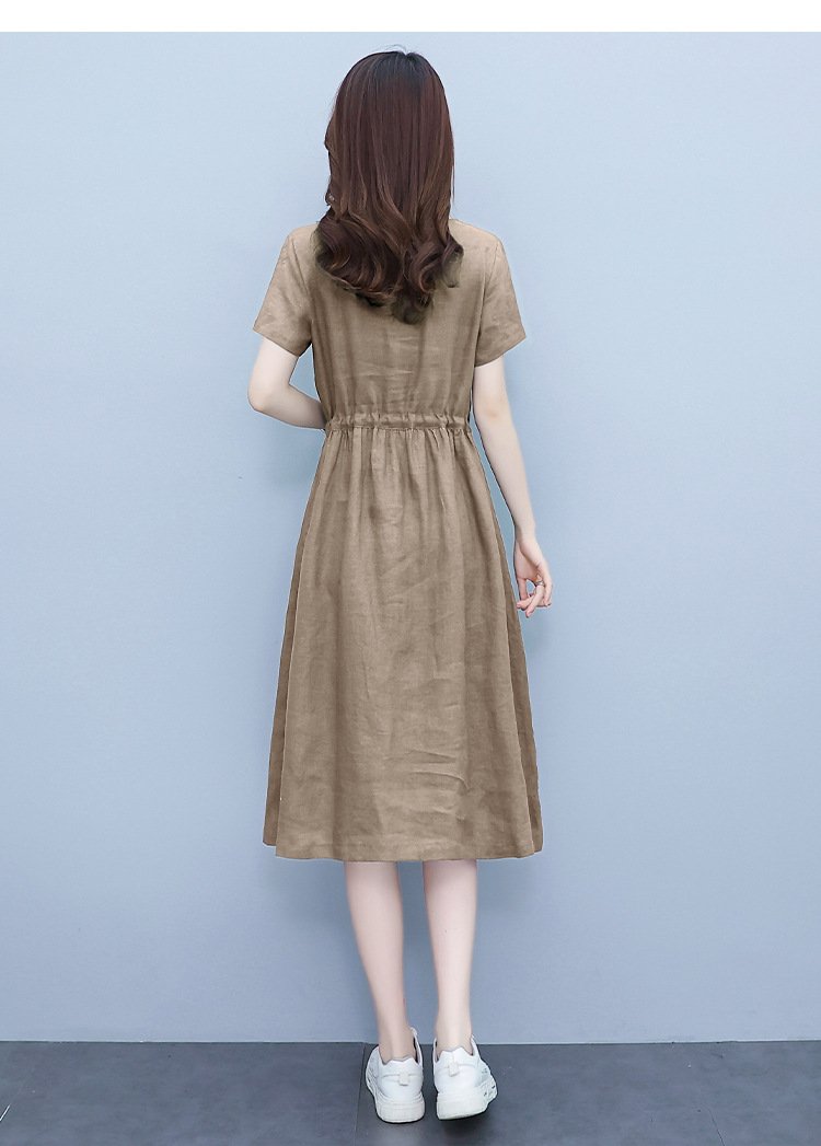 Đầm suông nữ vải Linen rút eo cổ V tay ngắn da218
