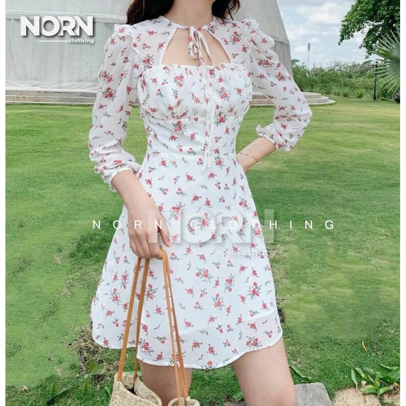 Đầm hoa nhí tay dài cut out ngực - Norn Clothing