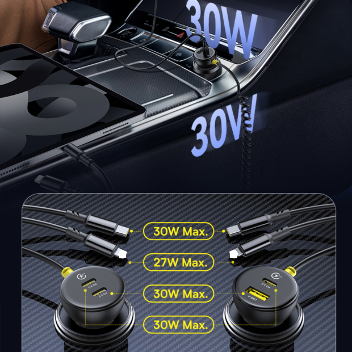 Tẩu sạc nhanh 2 cổng trên ô tô 60W Baseus Circular Plastic Car Charger tích hợp cáp lò xo Type C và iP - Hàng chính hãng