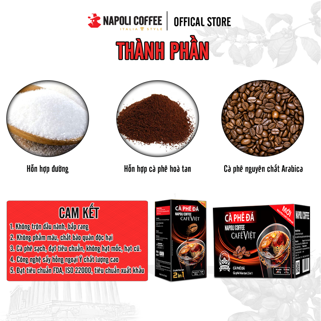 Cà Phê Hoà Tan Đen Đá 2IN1 Hộp Lớn Napoli Coffee bổ sung Nấm Linh Chi và Đông Trùng Hạ Thảo (10 gói x16gr) - 100% Cà Phê Sạch Chuẩn Gu