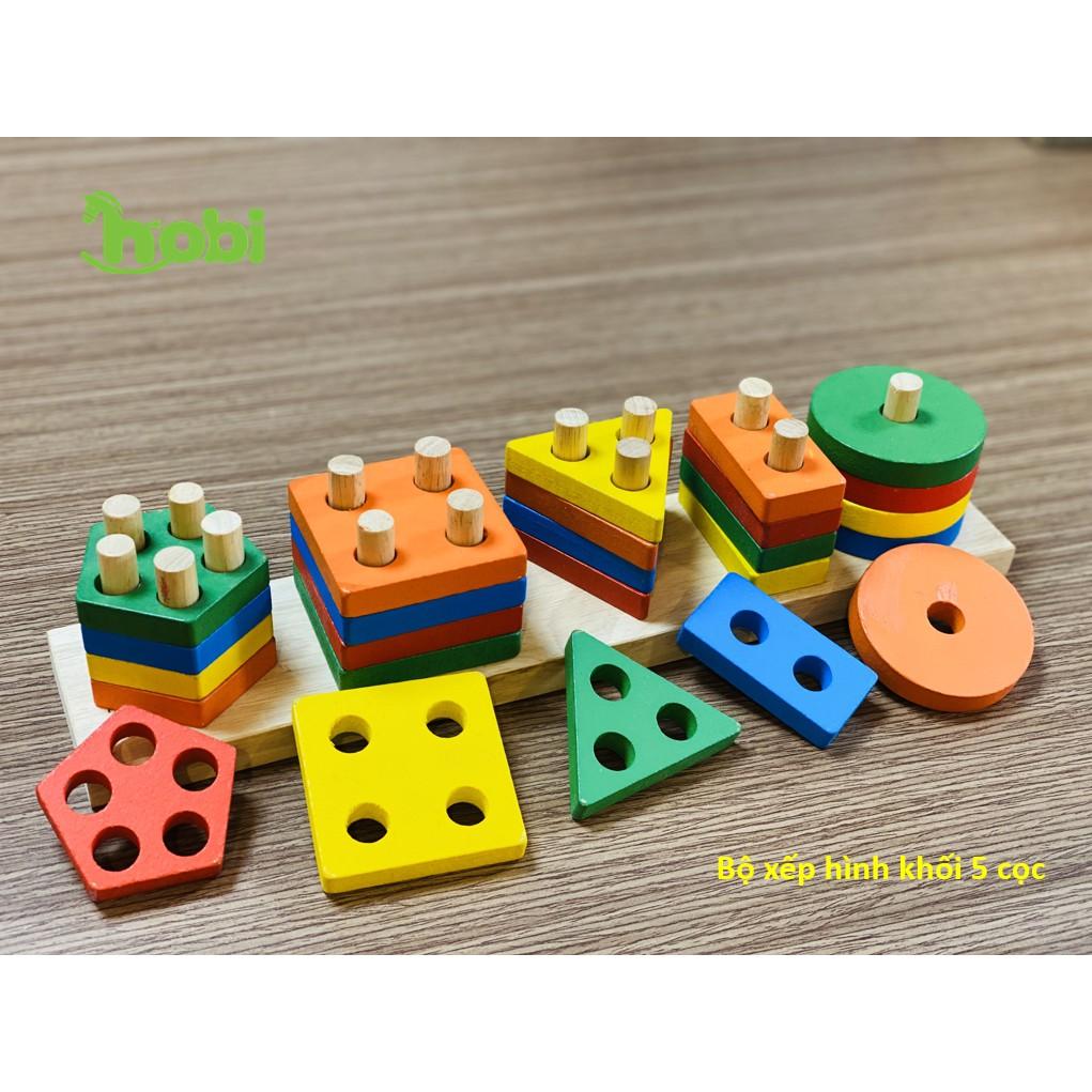 Đồ chơi gỗ montessori 5 cọc hình khối