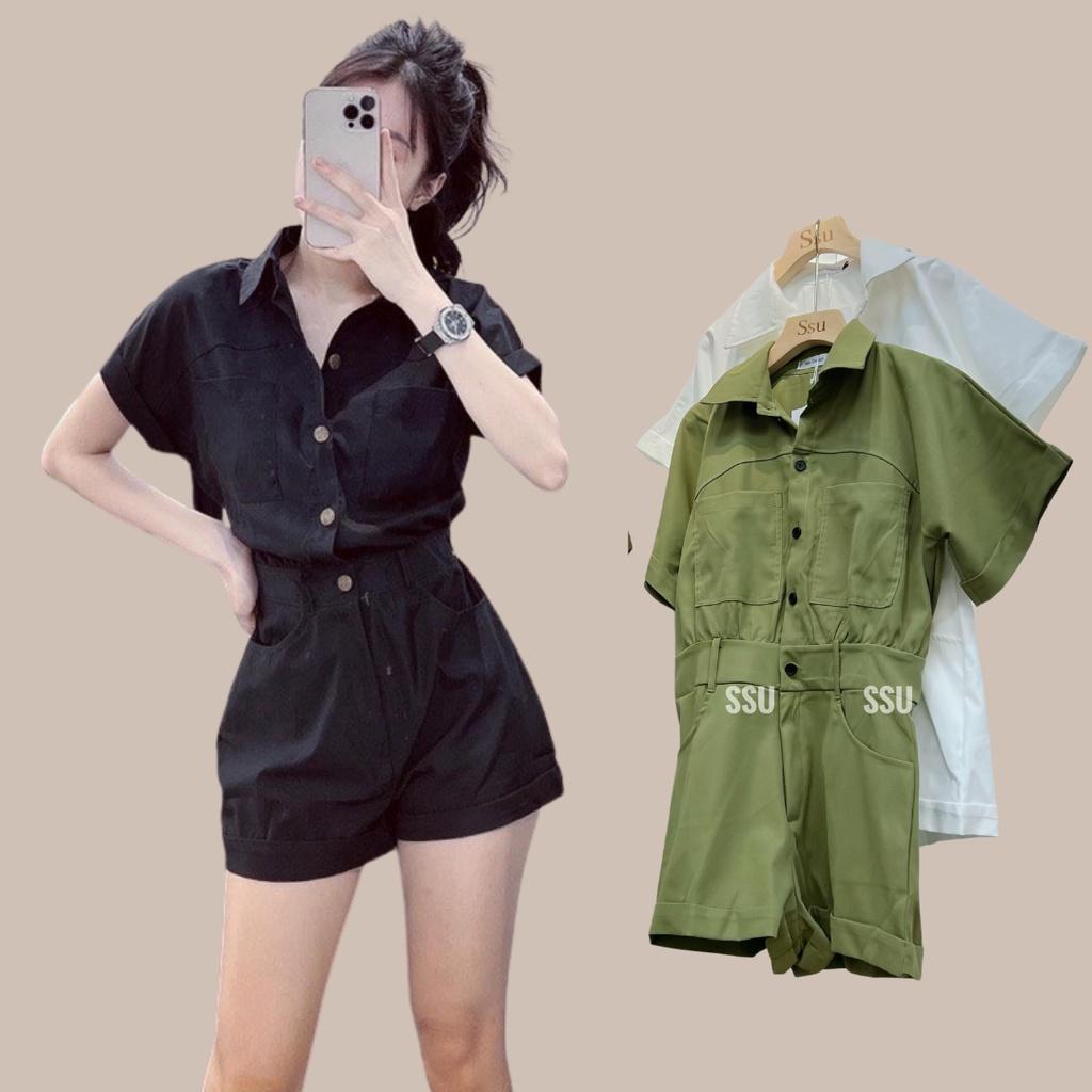 Bộ Jumpsuit cổ sơ mi liền quần gập gấu chất liệu đẹp hợp thời trang chị em 181