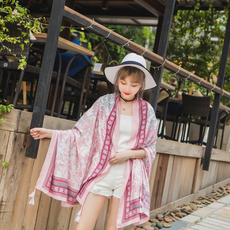 Khăn Choàng Quàng Cổ Boho Họa Tiết Thổ Cẩm Màu Hồng Phấn - Chất Liệu Cotton - Size:90x180cm - Mã KC016