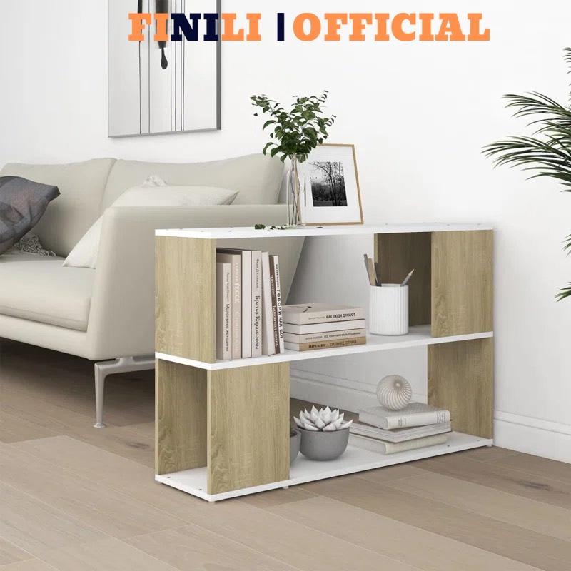 Kệ sách trang trí gần ghế sofa FINILI dành phòng khách kết hợp màu gỗ và trắng FNLO143