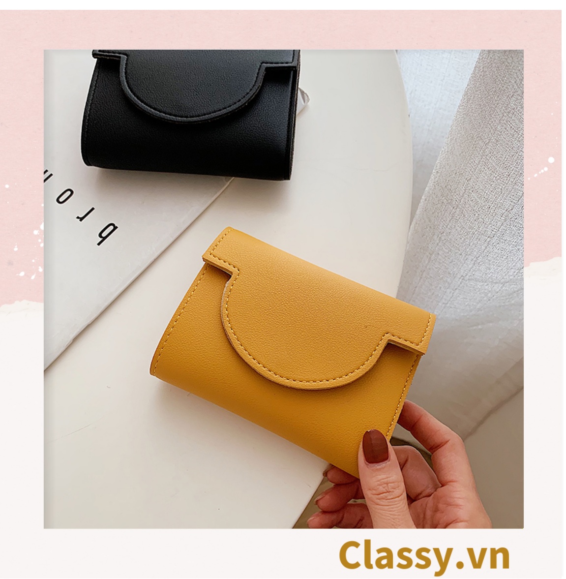 Ví nữ ngắn dạng gập màu trơn, nhiều ngăn đựng thẻ, có nút bấm T1308