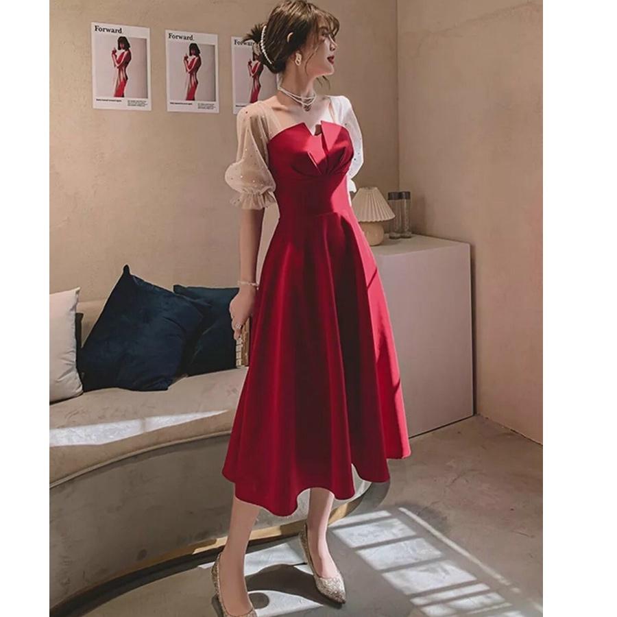 Váy đầm nữ dáng xoè xếp ly trước ngực sang trọng