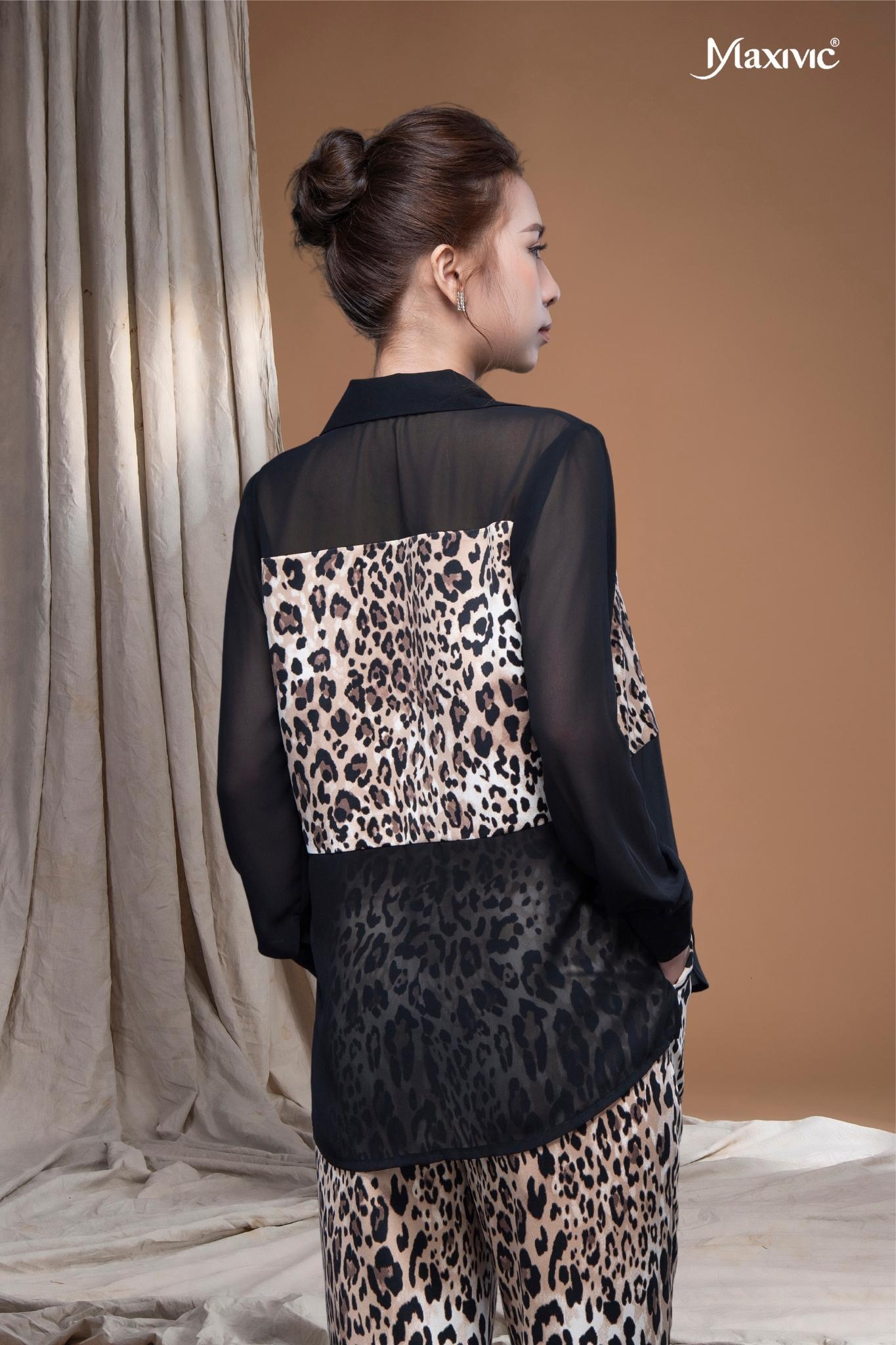 Áo sơ mi chiffon đen phối beo lụa cát LM112432 [BST Da Beo