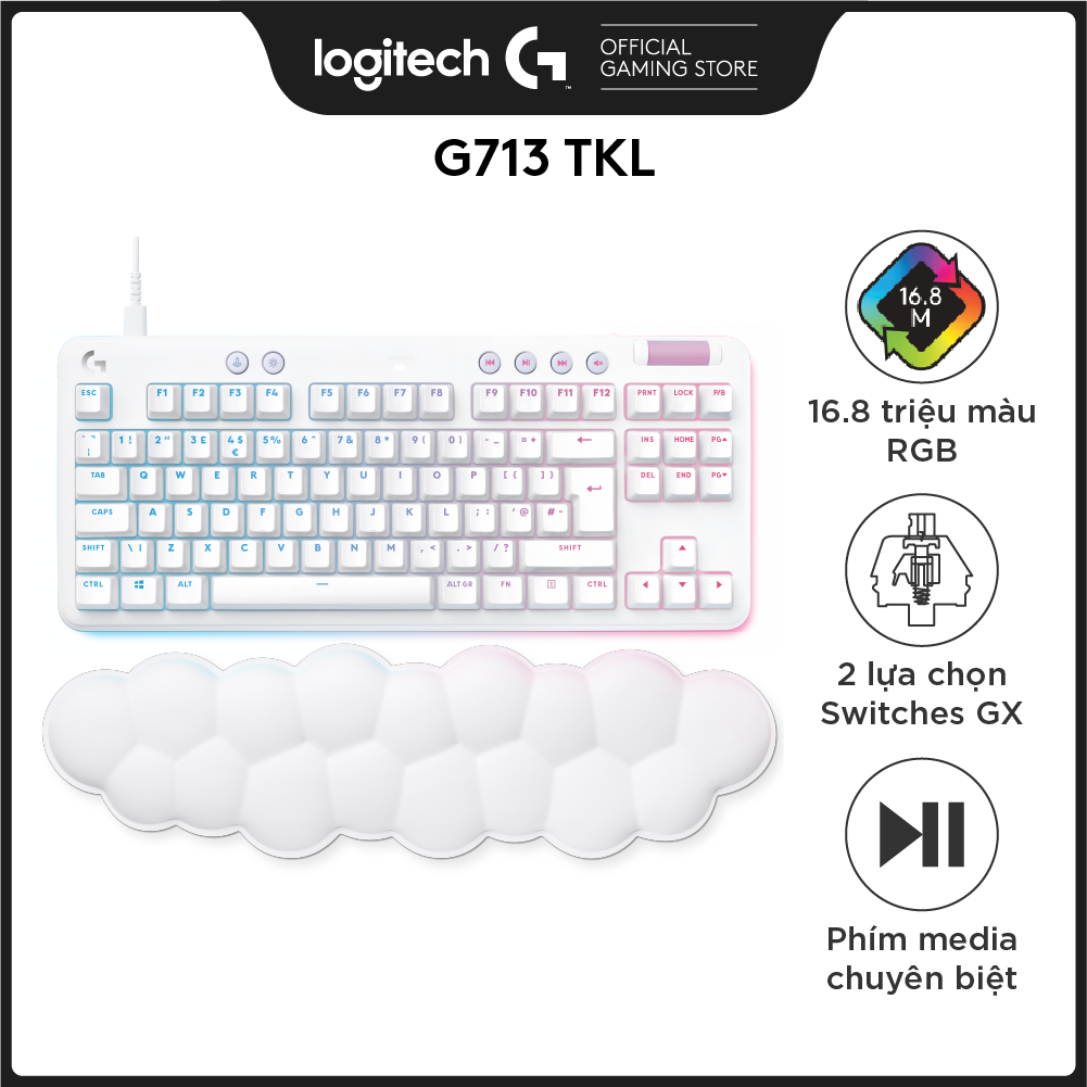 Bàn phím cơ gaming có dây Logitech G713 TKL - RGB, 2 loại GX Switch, kèm kê tay, cáp USB-C, tương thích PC, Mac - Hàng Chính Hãng