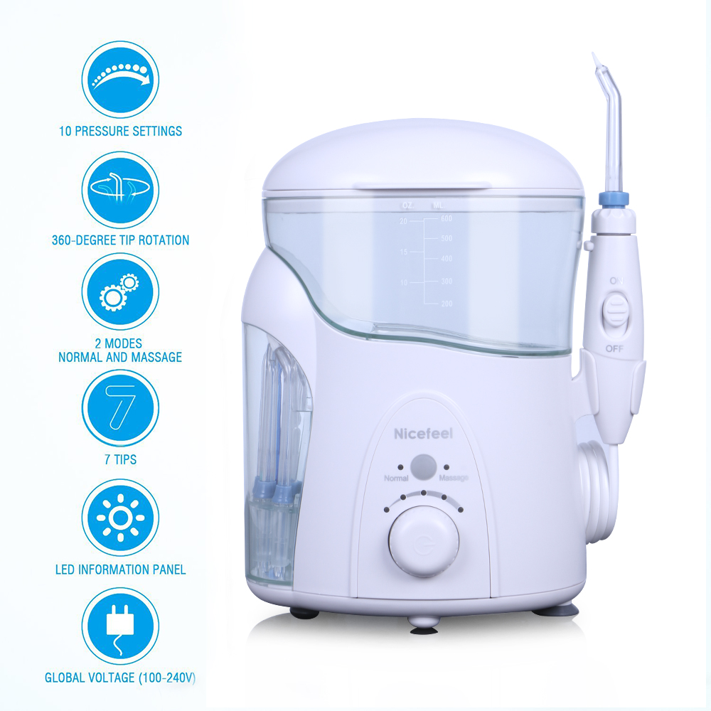 Máy tăm nước gia đình Nicefeel FC288W có chức năng massage, hộp đựng đầu phun bên hông máy không có tia UV