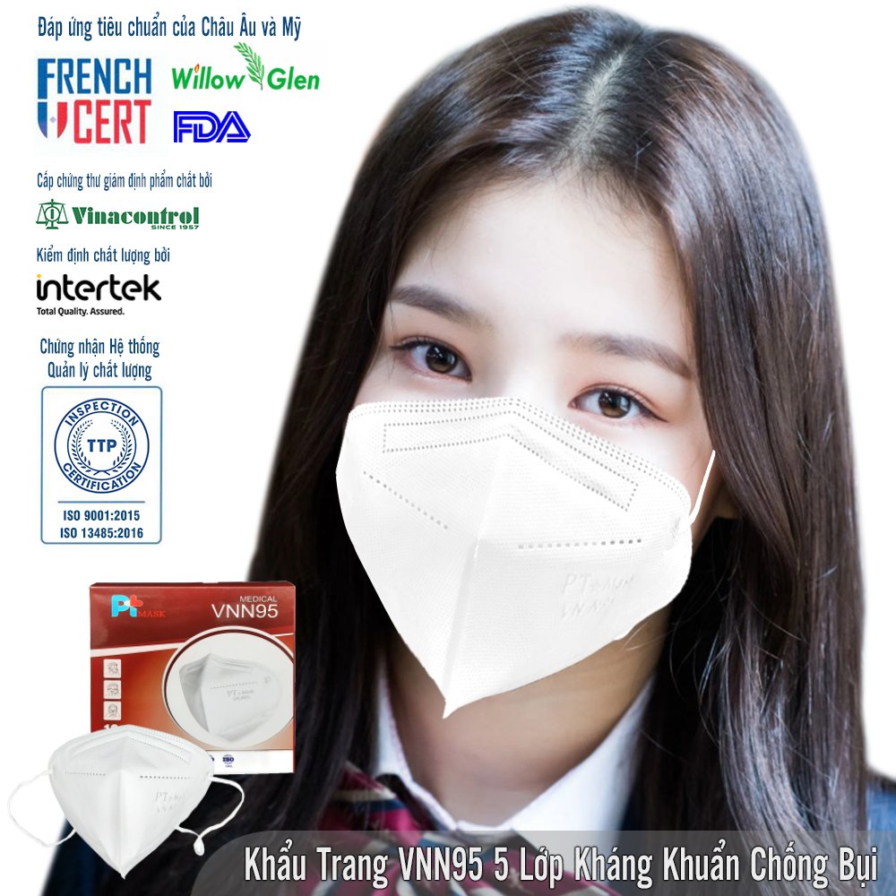 Khẩu Trang VN N95 PT Mask, 5 Lớp, kháng Khuẩn, Chống Bụi Siêu Mịn PM2.5, Màu Trắng - Một Hộp Gồm 10 Cái, Đạt Các Chứng Chỉ ISO 13485, ISO 9001, CE, FDA, TGA.