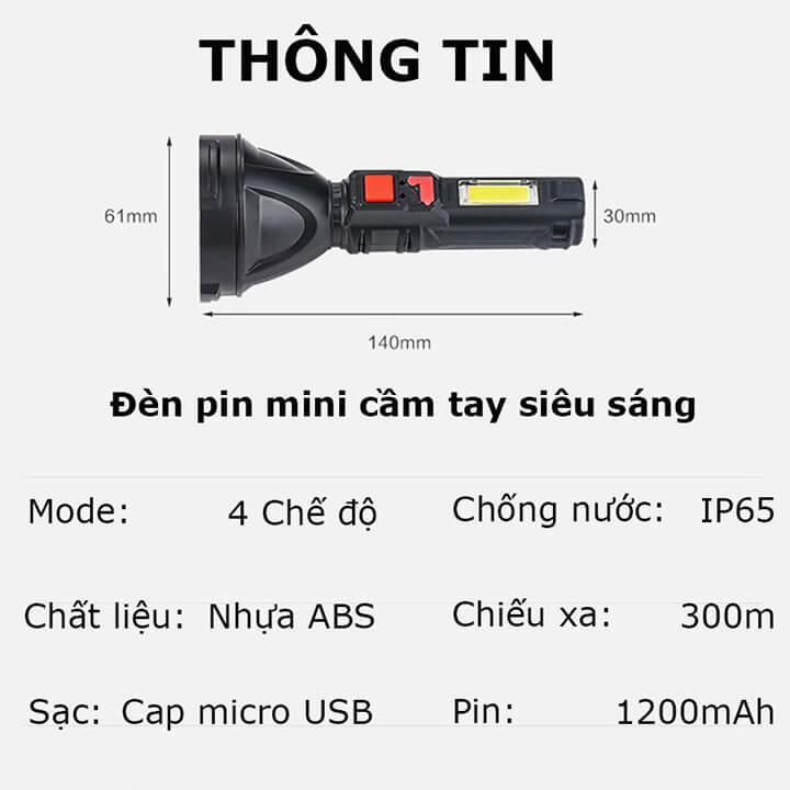 Đèn pin cầm tay mini siêu sáng chiếu xa 300m, chống nước IP65, pin trâu kèm cap sạc micro USB