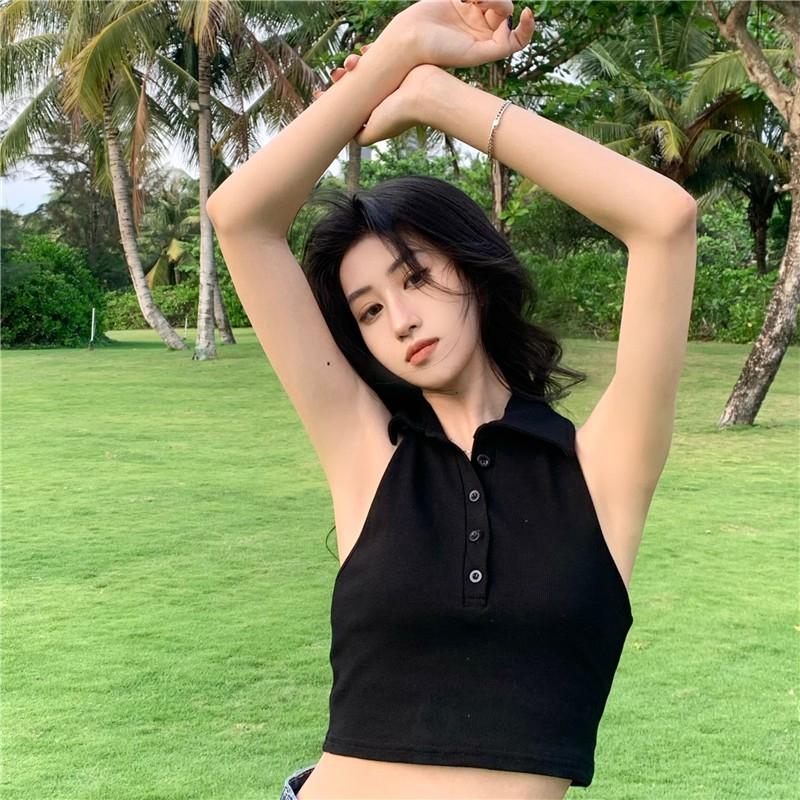 Áo Croptop 3 Lỗ Cổ Bẻ Cúc Cài Áo Croptop Sát Nách