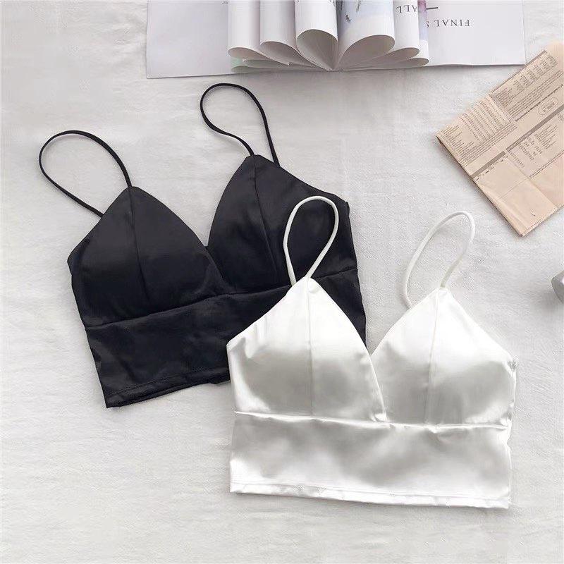 M37. Áo 2 dây croptop lụa satin thiết kế 8 khuy cài sau cá tính, áo bra lụa satin hot trend 2022 (có sẵn - miễn ship)