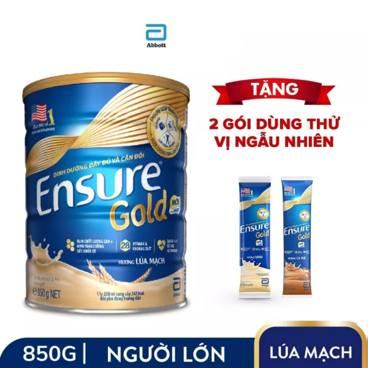 Lon Ensure Gold hương Lúa mạch 850g - Tặng 2 gói dùng thử vị ngẫu nhiên