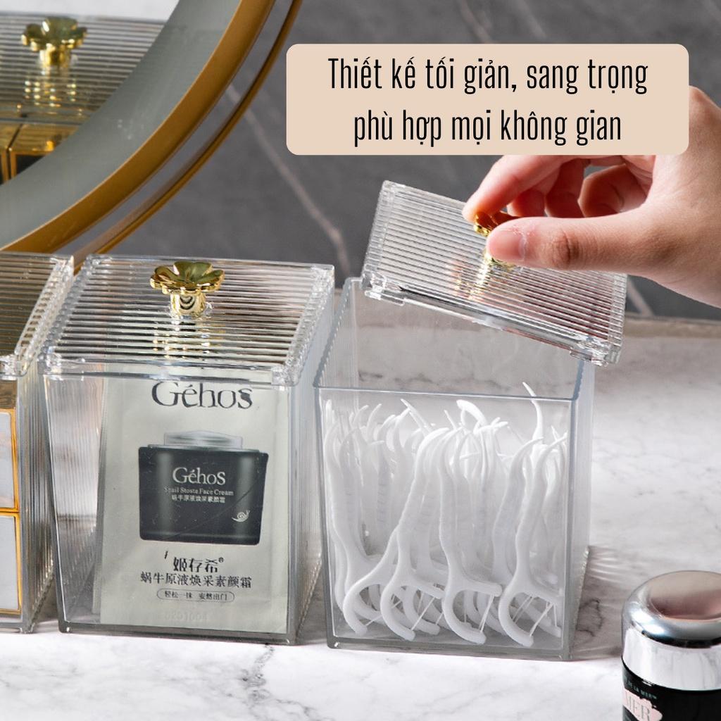 Hộp đựng bông tẩy trang, phụ kiện, đồ trang điểm hộp vuông chất liệu PP cao cấp hoạ tiết sóng vân sang trọng HNTS25