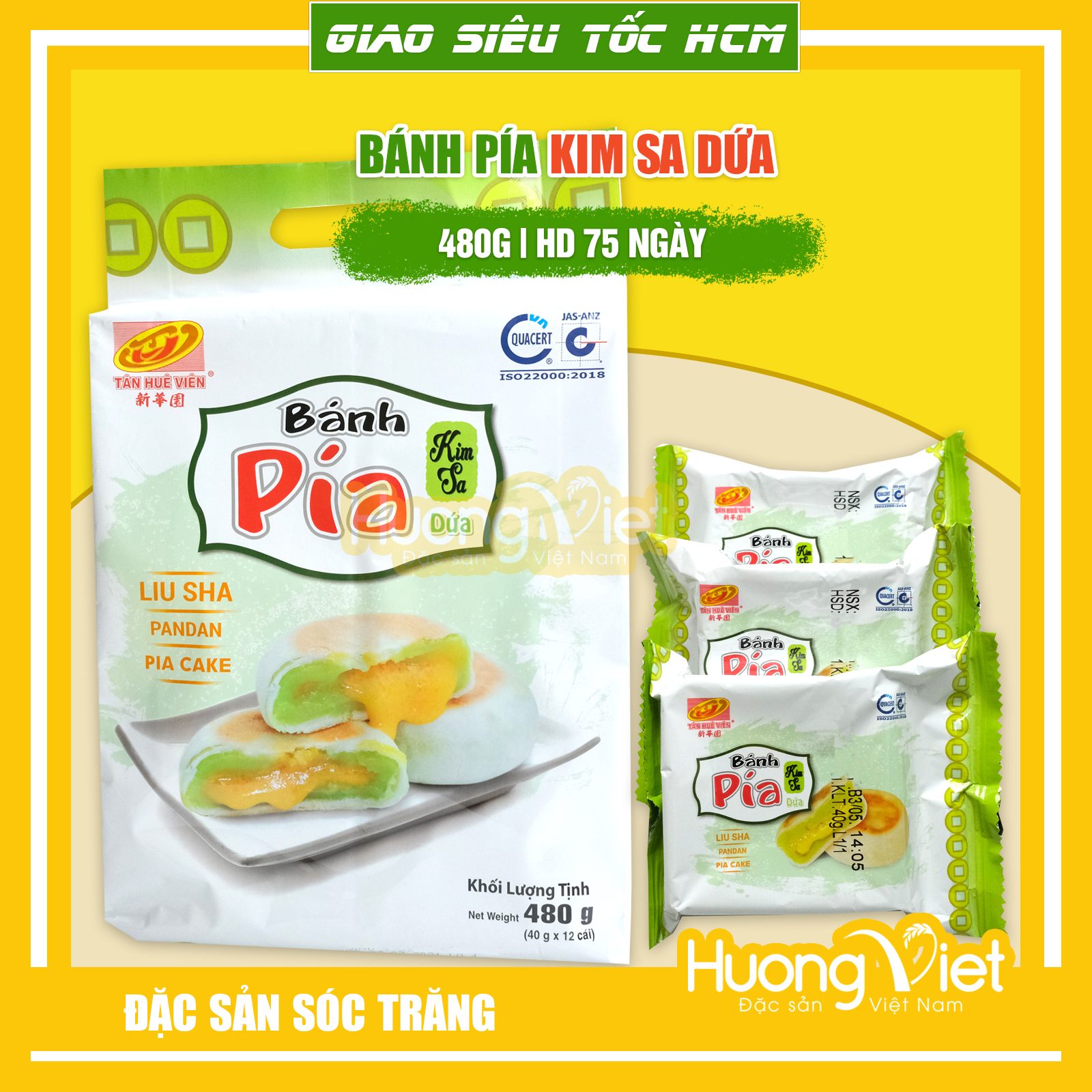 Đặc Sản Bến Tre - Bánh Pía Kim Sa Tân Huê Viên Đậu Xanh Lá Dứa Tan Chảy 480G, Bánh Pía Không Sầu Riêng Trứng Chảy