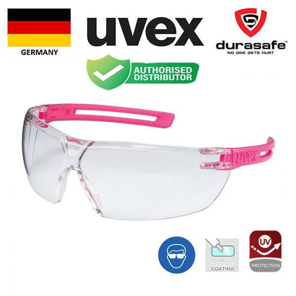 Kính UVEX 9199123 X-Fit Pink Frame Clear Supravision Len (chống trầy xước, hóa chất, đọng sương) kèm hộp và khăn lau