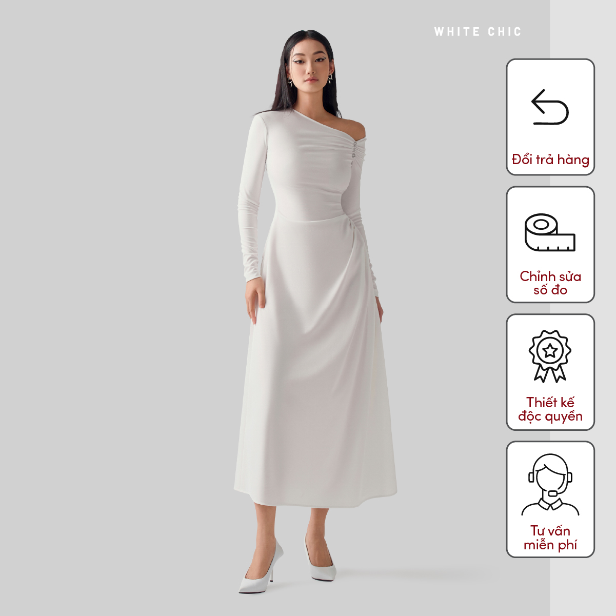 Đầm lệch vai dáng dài xòe màu trắng ALICE thiết kế cao cấp WHITE CHIC