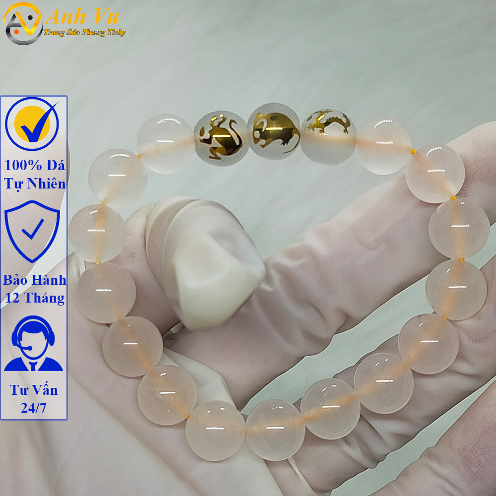 Vòng tay tam hợp quý nhân thân tý thìn - Chất liệu đá mã não trắng - Vòng tay phong thủy mệnh kim cho nữ - May mắn tài lộc