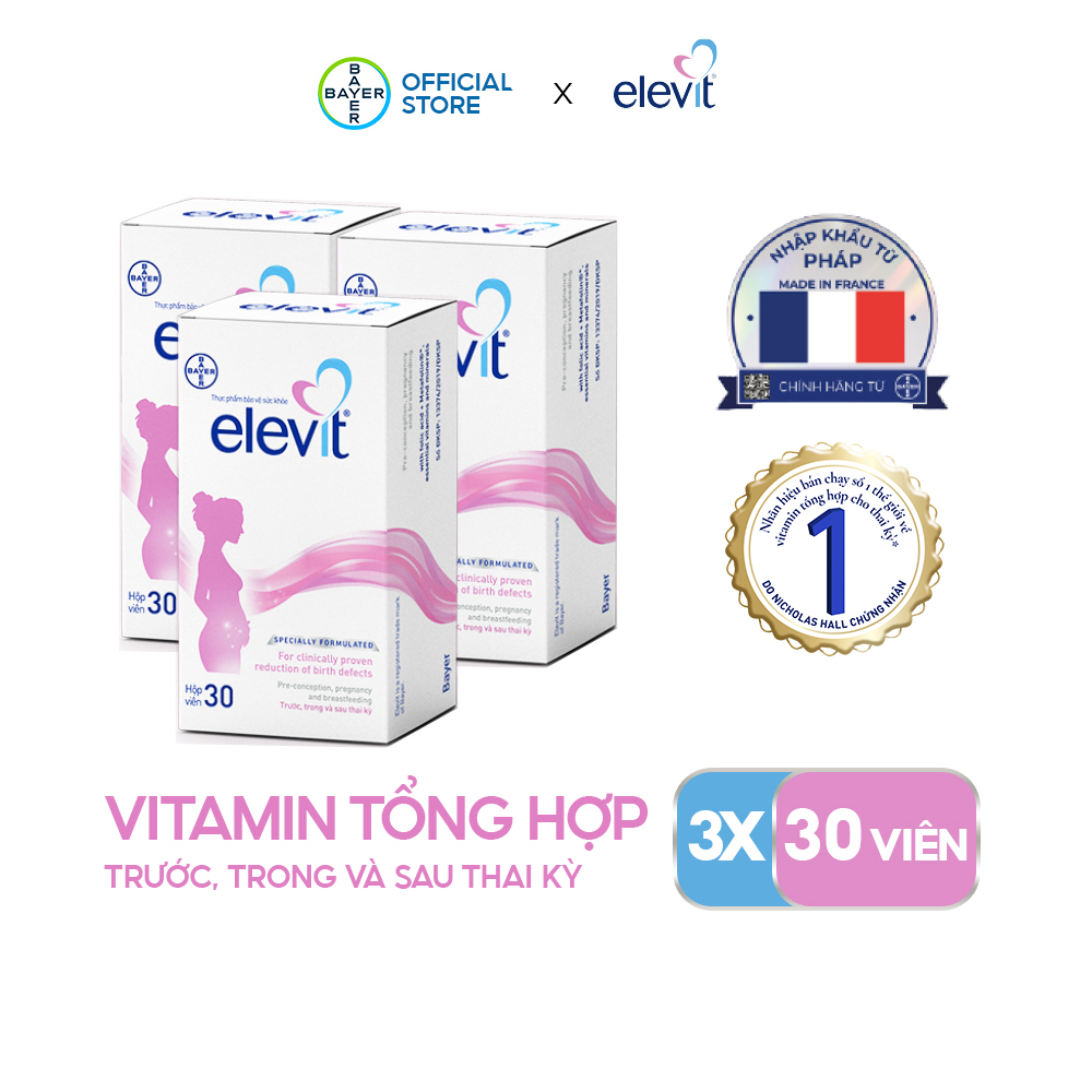 Combo 3 Hộp Vitamin Bầu Tổng Hợp ELEVIT Bổ Sung Vitamin và Khoáng Chất Cho Phụ Nữ Mang Thai và Sau Sinh Hộp 30 Viên x3