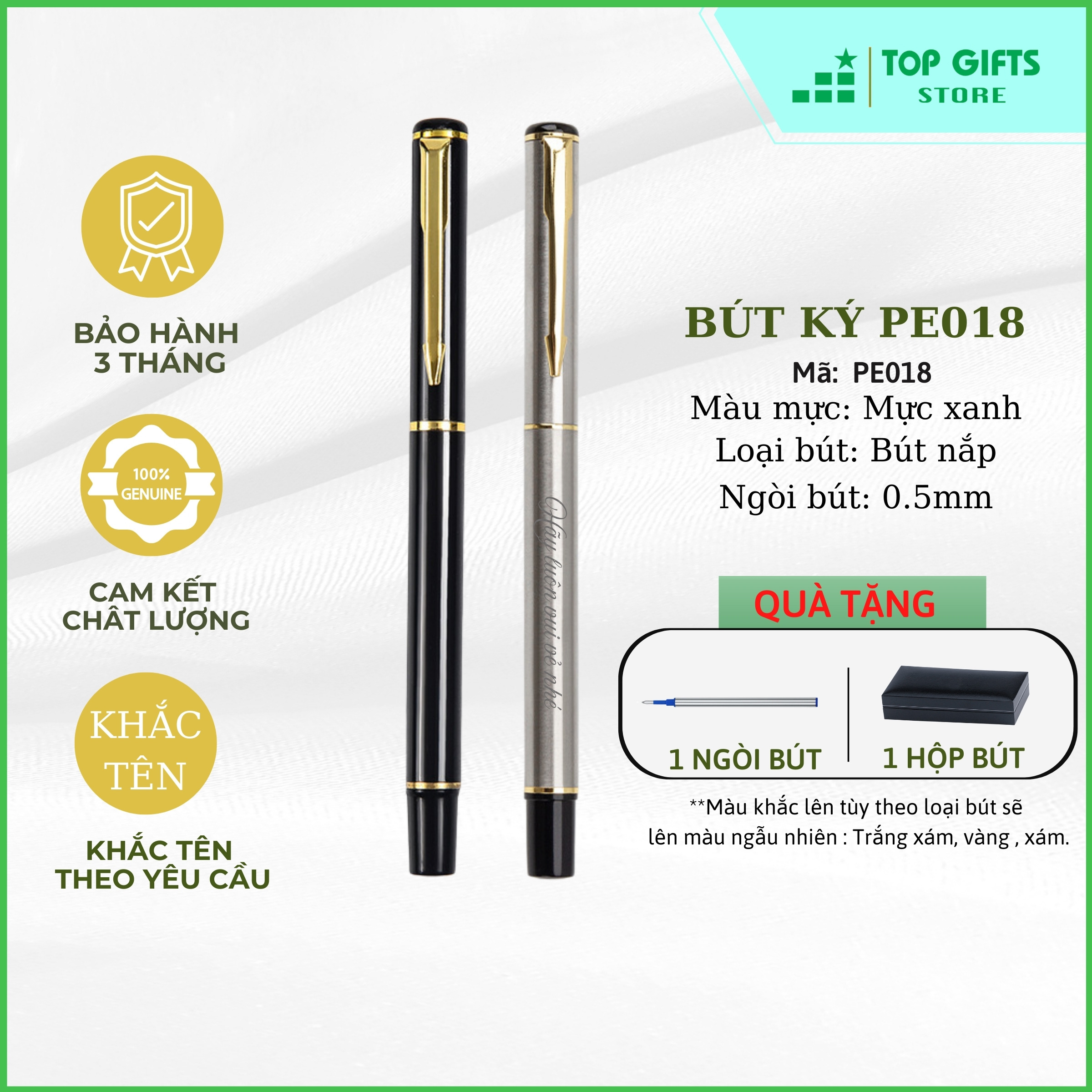 Bút ký CHIPLIFE PE018 khắc tên theo yêu cầu - Dạng nắp ngòi 0.5mm mực xanh + Hộp bút