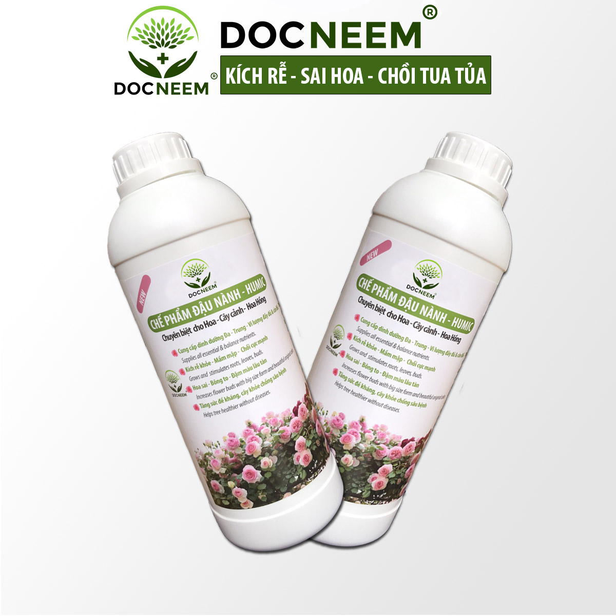 Combo Phân bón đậu tương, đậu nành chuối humic DOCNEEM kích mầm, chồi, hoa chuẩn form trên hoa hồng, cây cảnh, combo 2 chai 1 lít