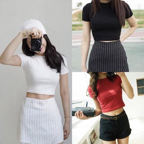 Áo croptop ôm body ngắn tay, áo thun croptop trơn cổ tròn dáng ôm