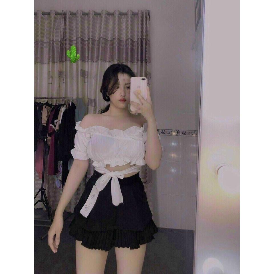 Áo kiểu croptop nữ đẹp ôm body tay ngắn cổ V thắt nơ phong cách hàn quốc cực dễ thương mẫu mới thời trang 2021-A19