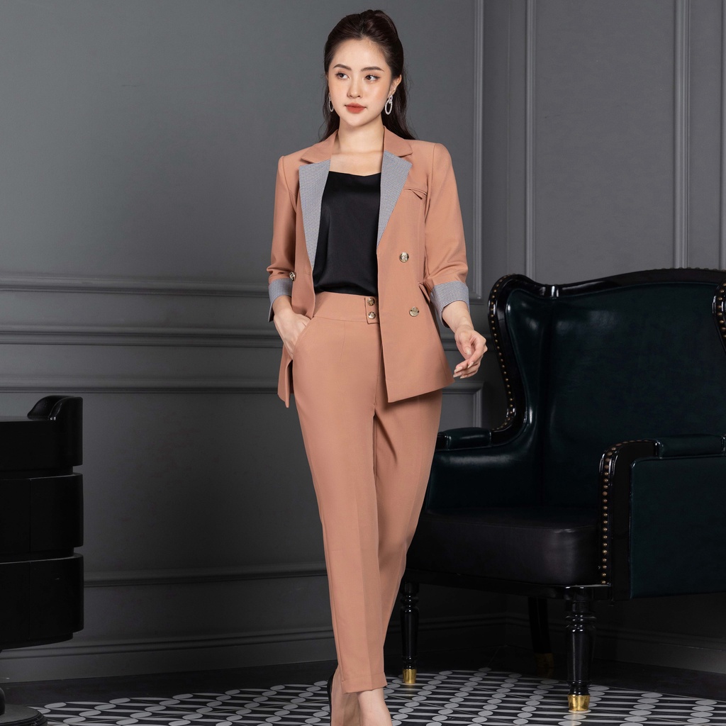 Bộ Vest Nữ Công Sở UK Fashion Tay Lỡ Kết Hợp Quần Baggy Ống Đứng, Chất Vải Nhập Hàn Cao Cấp NKFBD2207004