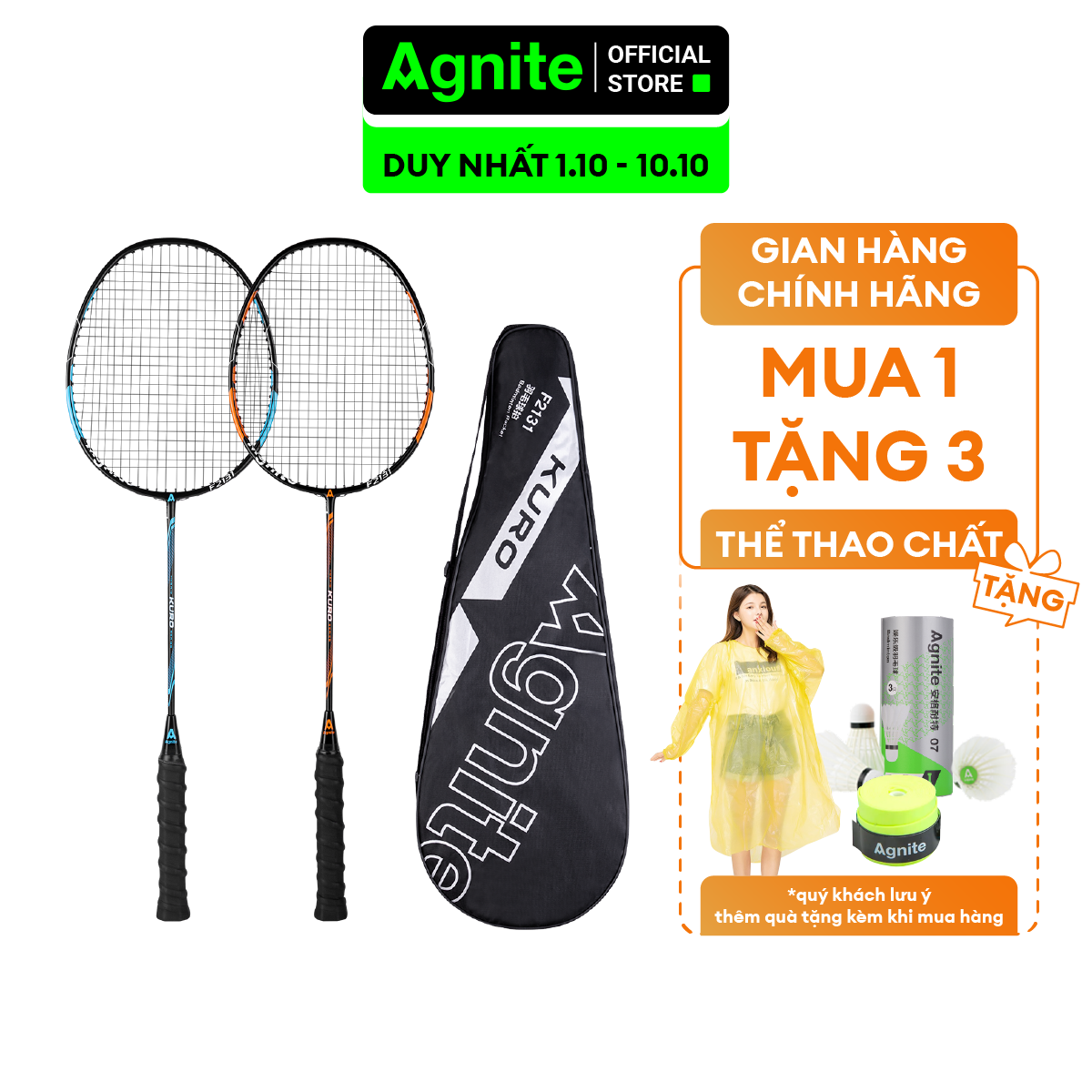 Vợt cầu lông cán liền cao cấp chính hãng Agnite - Tặng hộp cầu nhựa và bao đựng - 2 chiếc - F2131