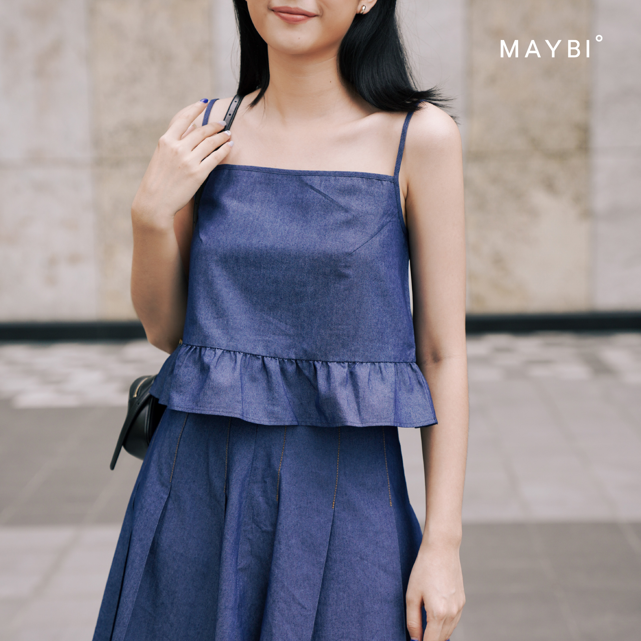 MAYBI - Áo 2 dây phối bèo Denim Xanh Đậm Frilled Hem Dark Denim Camisole