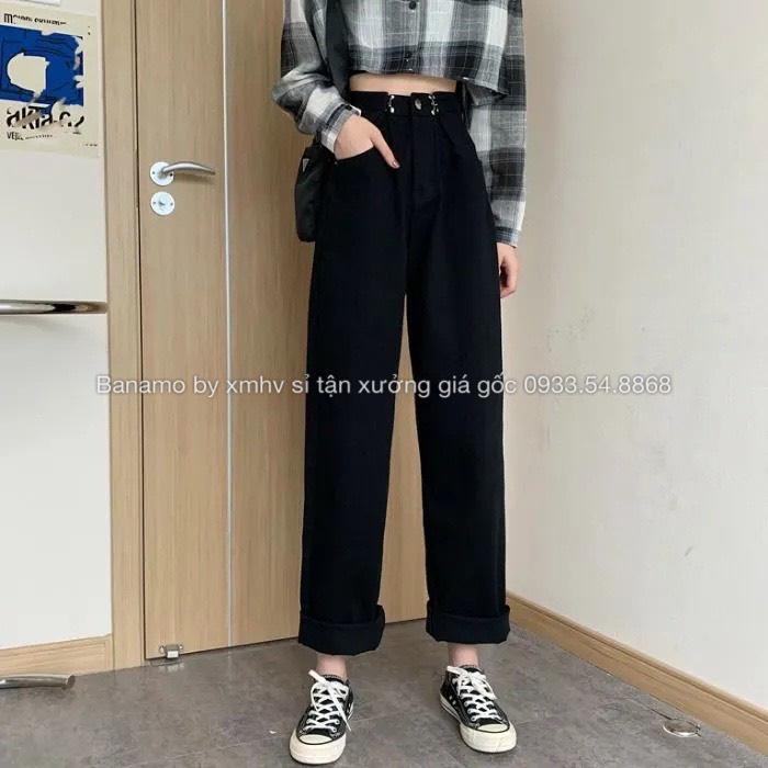 Quần jean nữ phối khuy gài eo cạp cao phong cách Ulzzang Hàn Quốc thời trang quần jean nữ cài eo 969