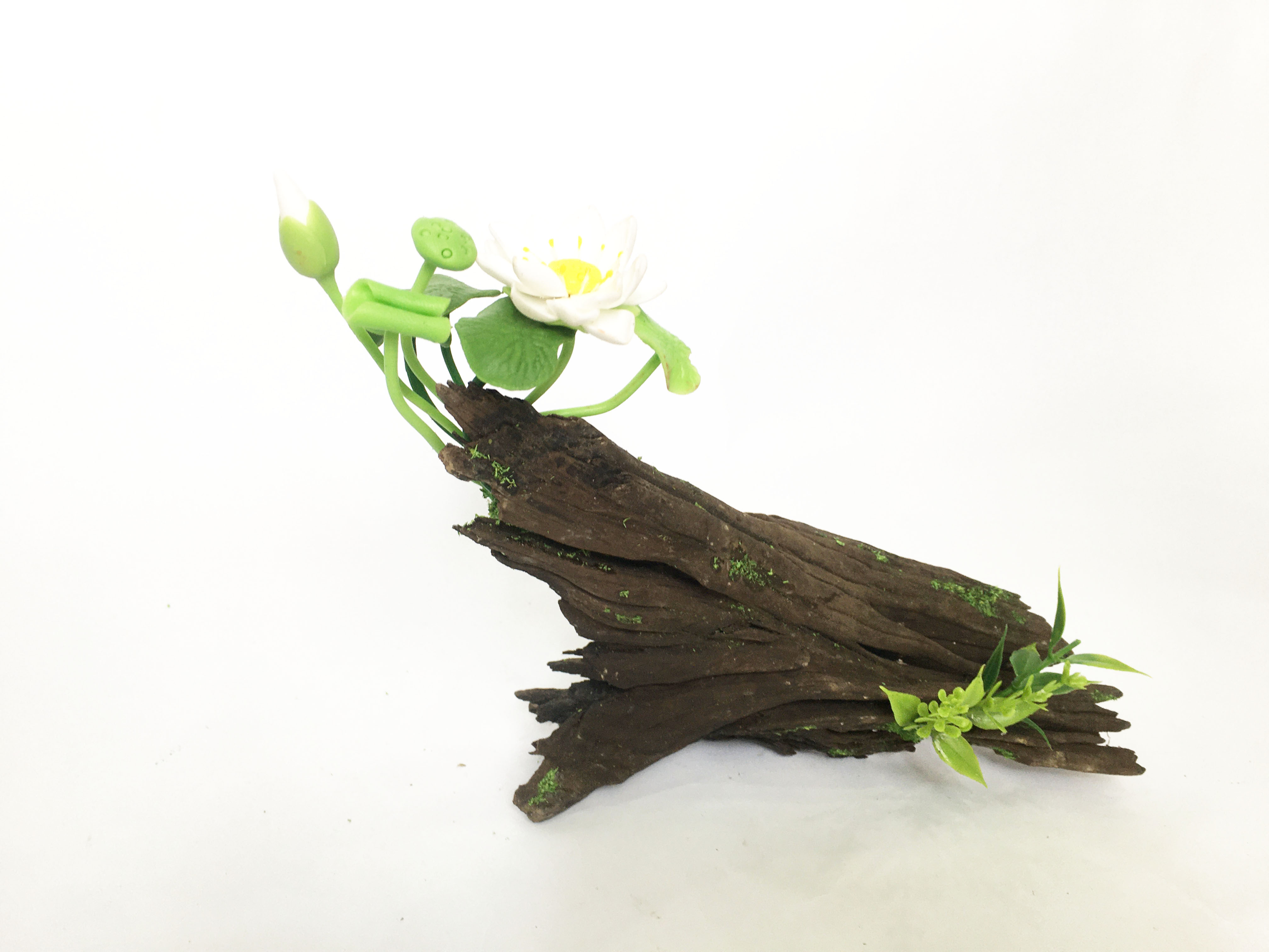 Lũa gỗ hình dáng tự nhiên kết hợp Hoa sen đất sét mini  - Quà tặng trang trí handmade