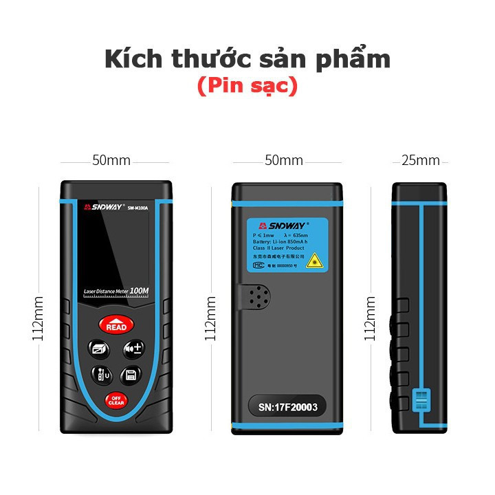 Kích thước máy đo khoảng cách sndway m100