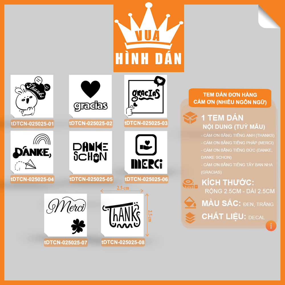 Set 100/200 sticker THANKS, MERCI, DANKE, DANKE SCHON, GRACIAS tem dán mini CẢM ƠN bằng nhiều ngôn ngữ